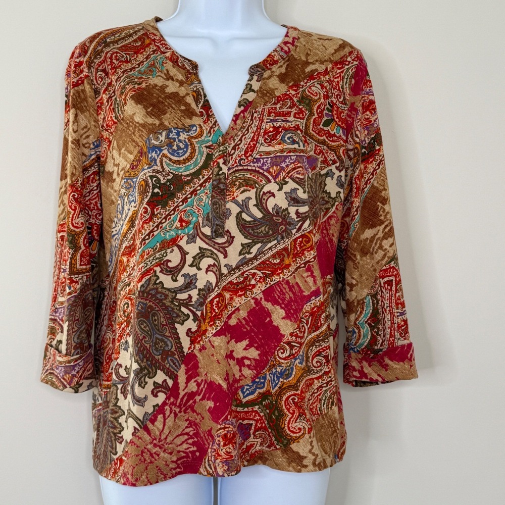 Lauren Ralph Lauren Women's Colorful Paisley Floral 3/4 Sleeve Blouse Top PL‎